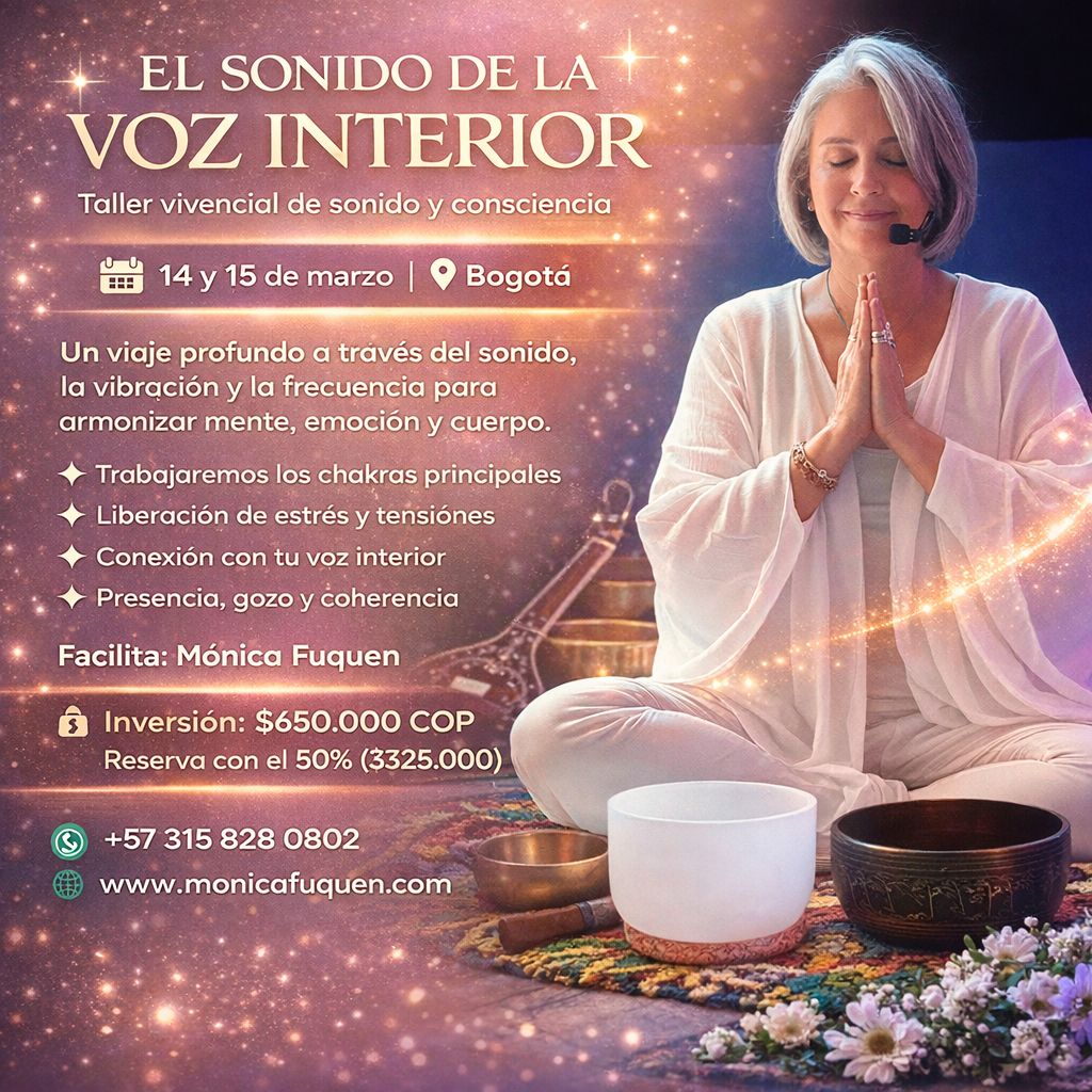 Taller El Sonido de la Voz Interior 14 y 15 de marzo 2026 Mónica Fuquen Sonido del Alma Bogotá Colombia